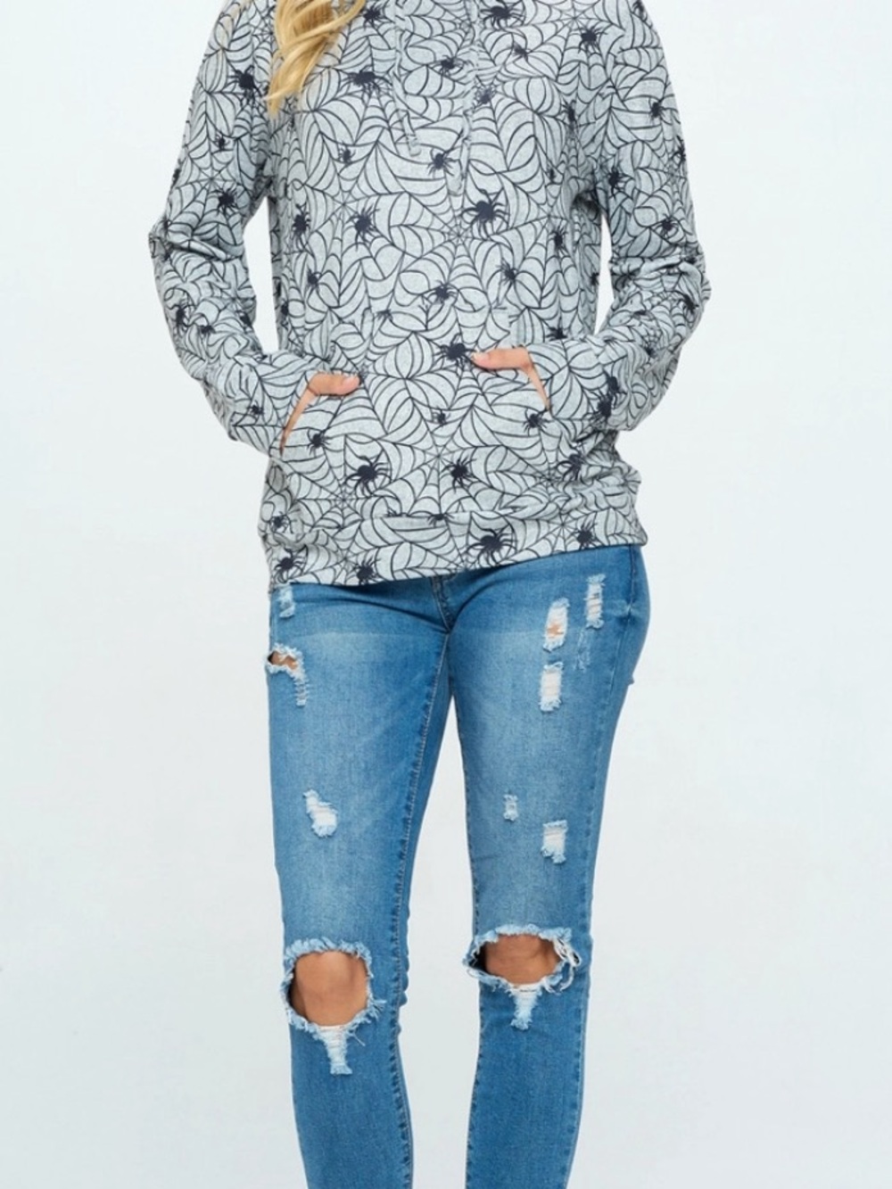 Women's Light Gray Spiderweb Hoodie Sweatshirt - Picture 4 of 5